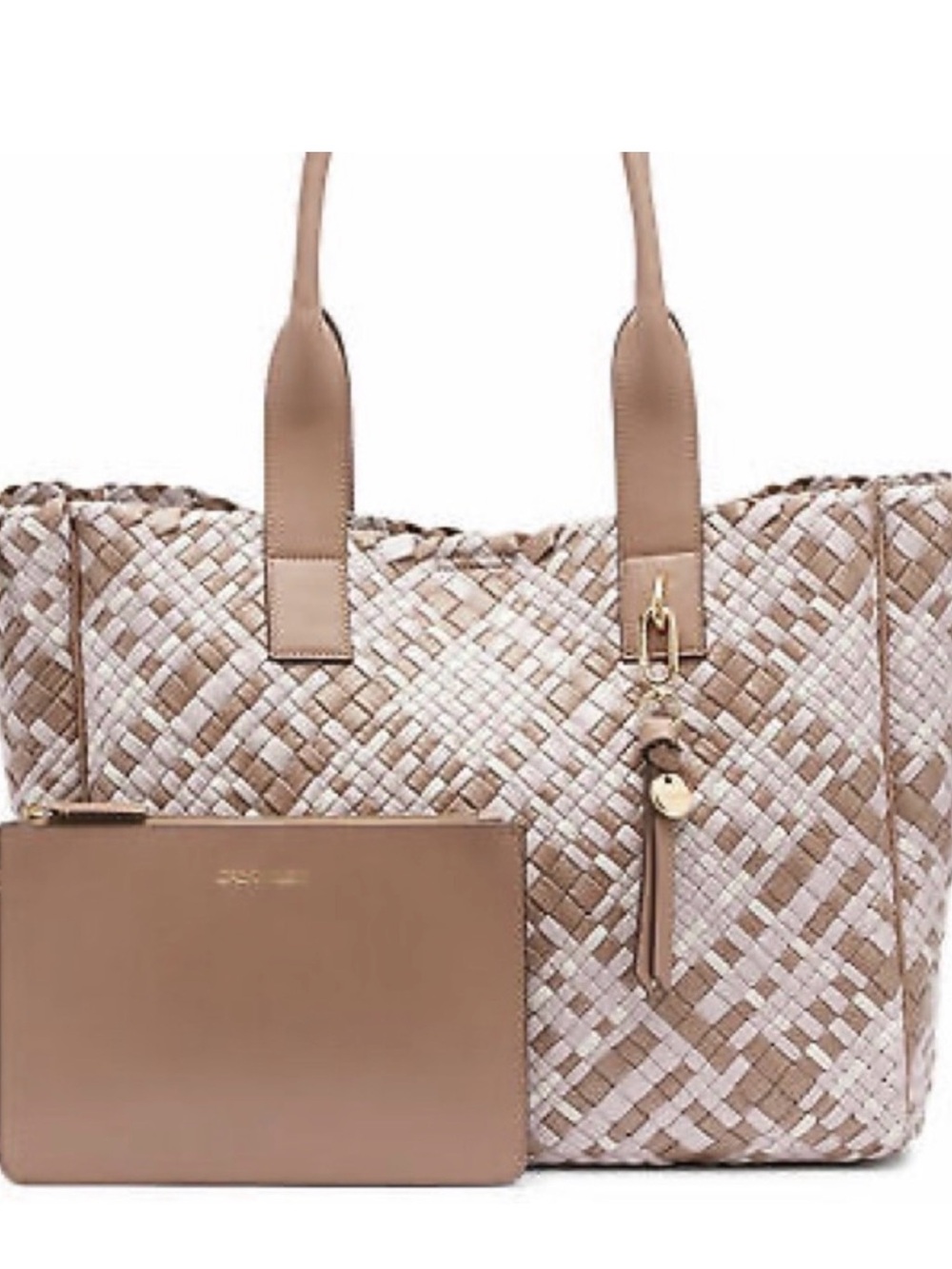 Calvin Klein Woven Tote with Matching Pouch - Tan & Cream